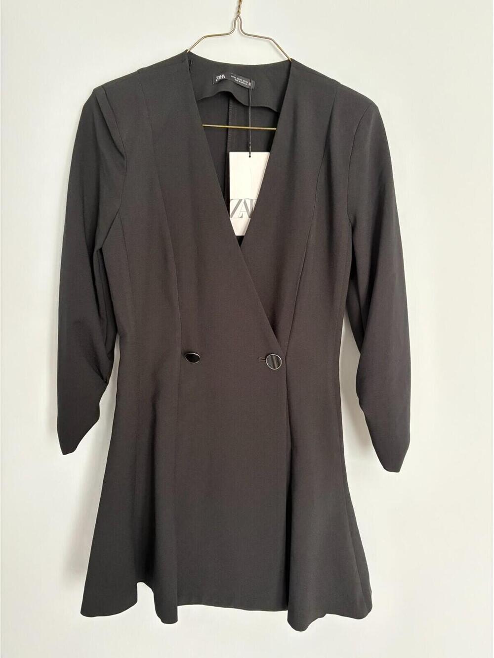 Zara XS Blazer Dress Skort Romper Double Breasted Black Ruched Sleeve Old Money